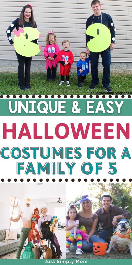 an image of family costumes for halloween with text overlay that reads unique and easy halloween costumes for a family of 5