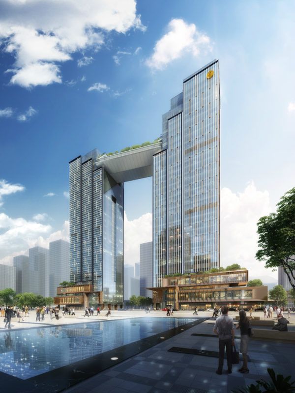 an artist's rendering of two tall skyscrapers next to a pool in the middle of a city