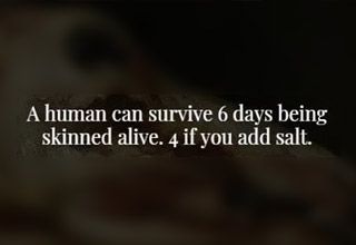 a person with their face close to the camera text reads, a human can survive 6 days being skinned alive 4 if you add salt