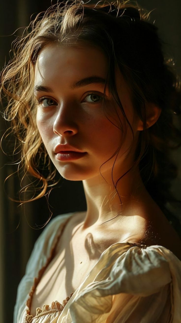 a woman with curly hair wearing a white dress and looking off to the side in sunlight