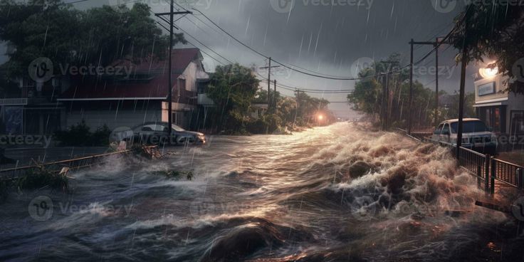 a flooded street with cars parked on the side