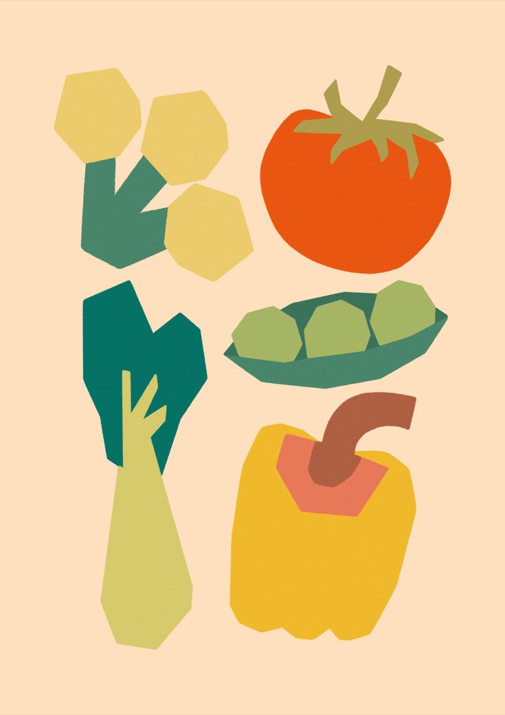 an image of vegetables and fruits on a beige background with green, red, yellow, and orange shapes