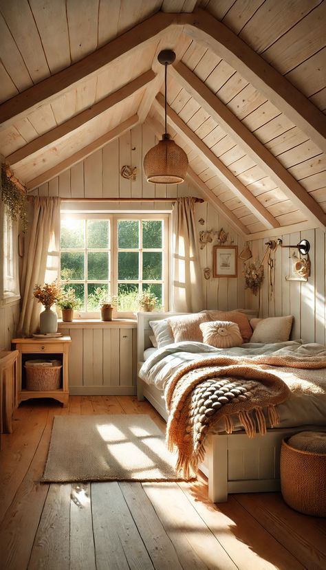 an attic bedroom with wood floors and white walls, wooden flooring, and vaulted ceiling