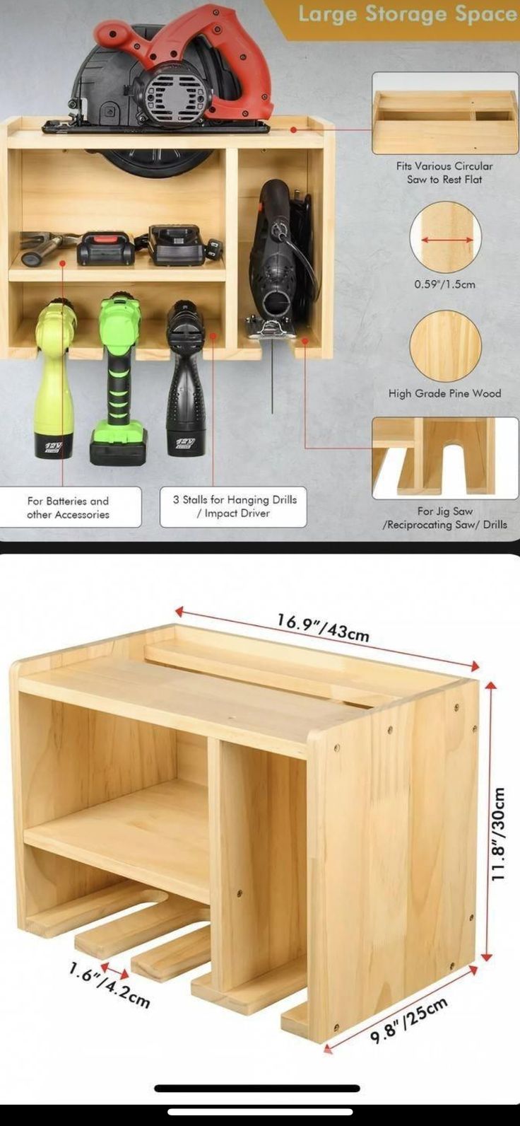 an image of a wooden shelf with tools on it and measurements for the space below