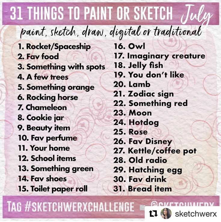 the 31 things to paint or sketch today list is shown in pink and purple colors