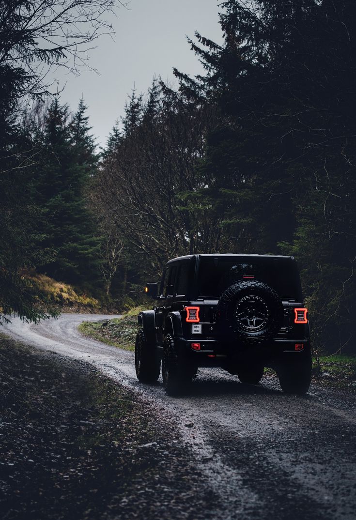 a black jeep driving down a forest road