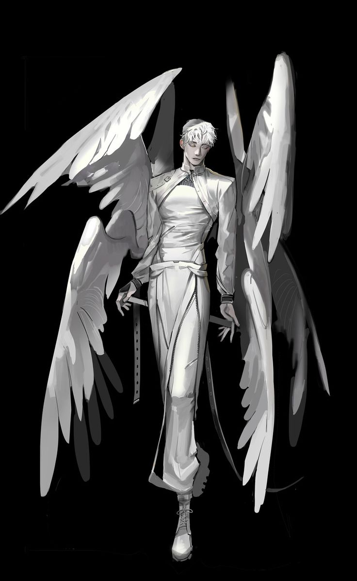 an anime character with white hair and wings on his back, standing in front of a black background