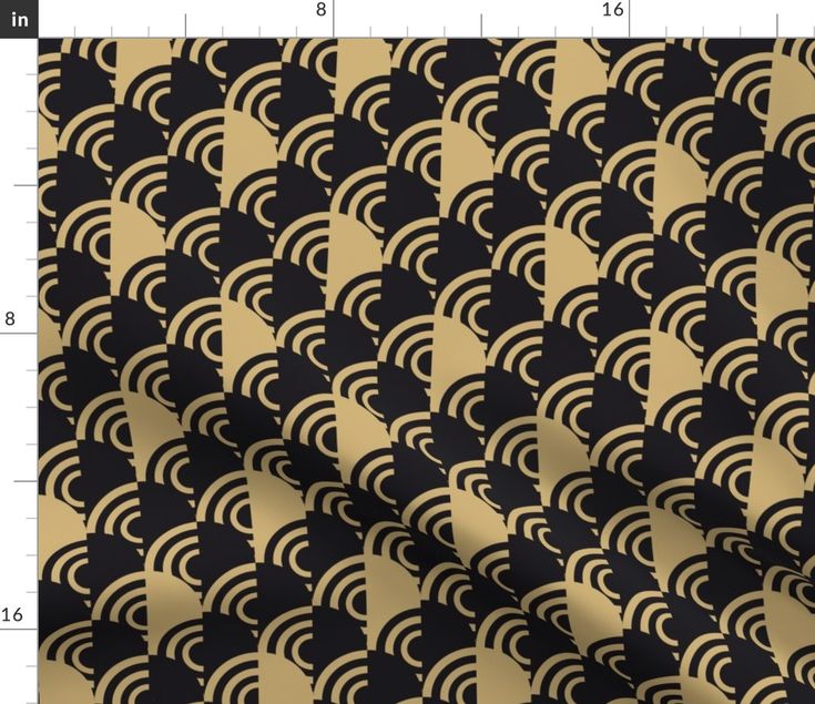 an abstract black and gold pattern with white circles on it's side, as well as a ruler