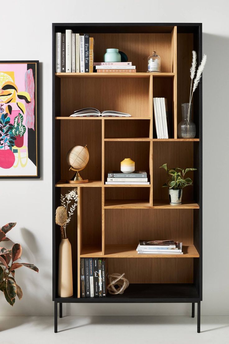 a bookshelf with many shelves and plants in it next to a painting on the wall