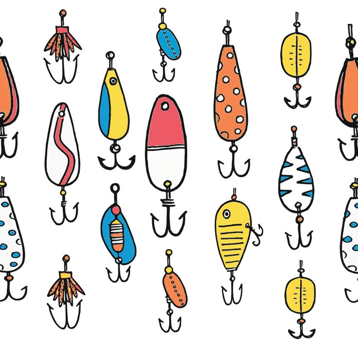 many different types of fishing lures hanging from hooks