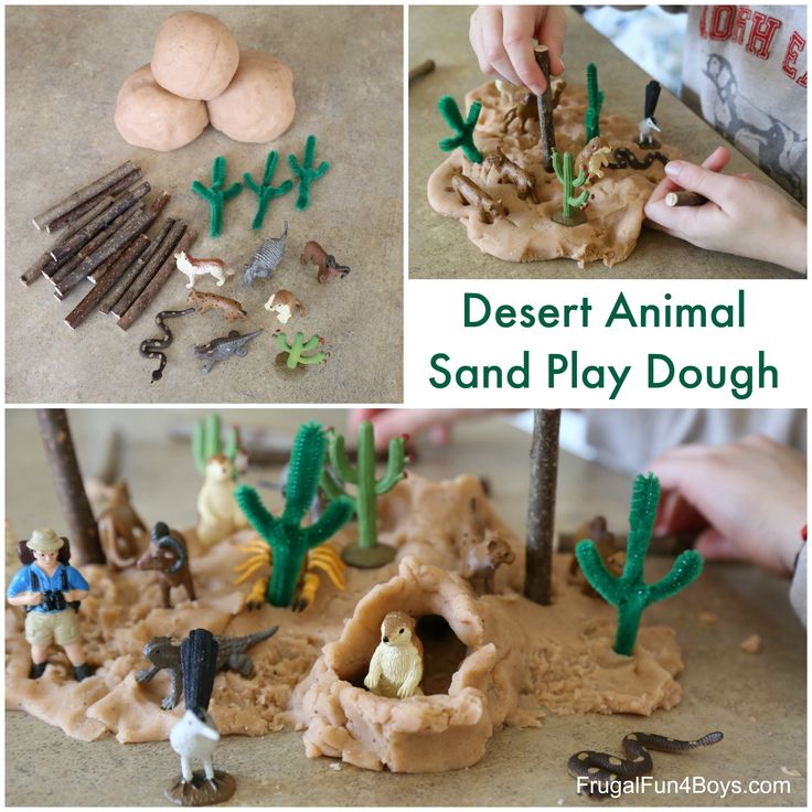 desert animal sand play dough with toy animals and people in the hole to make them look like they are playing together