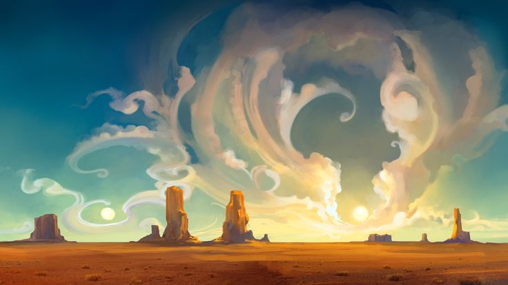 an artistic painting of clouds over the desert