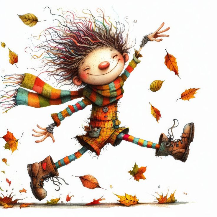 a drawing of a girl jumping in the air with autumn leaves around her and falling from her hair