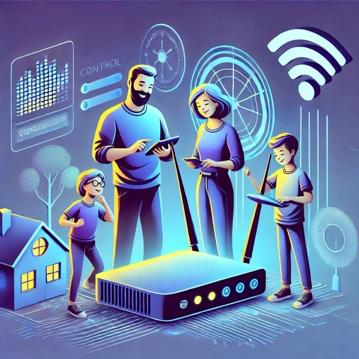 three people are standing in front of a wifi router with an image of a house on it