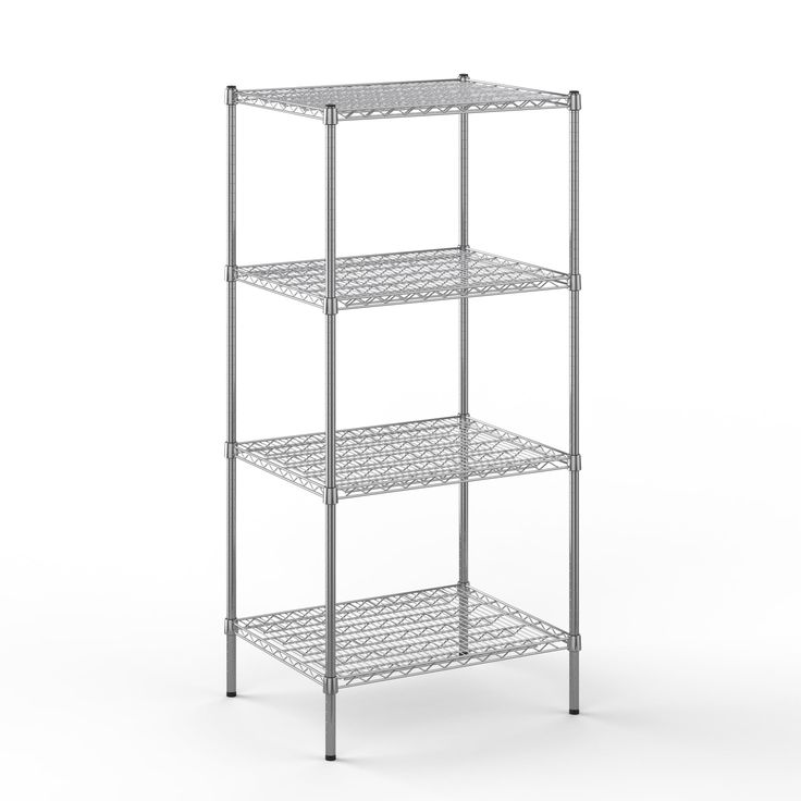 three tiered shelving unit with four shelves on each side and one shelf in the middle