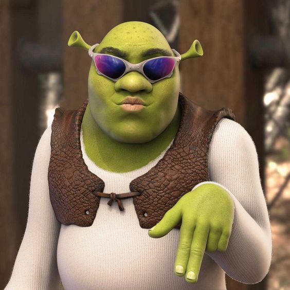 an animated character with green skin and purple glasses, wearing a white shirt and brown vest