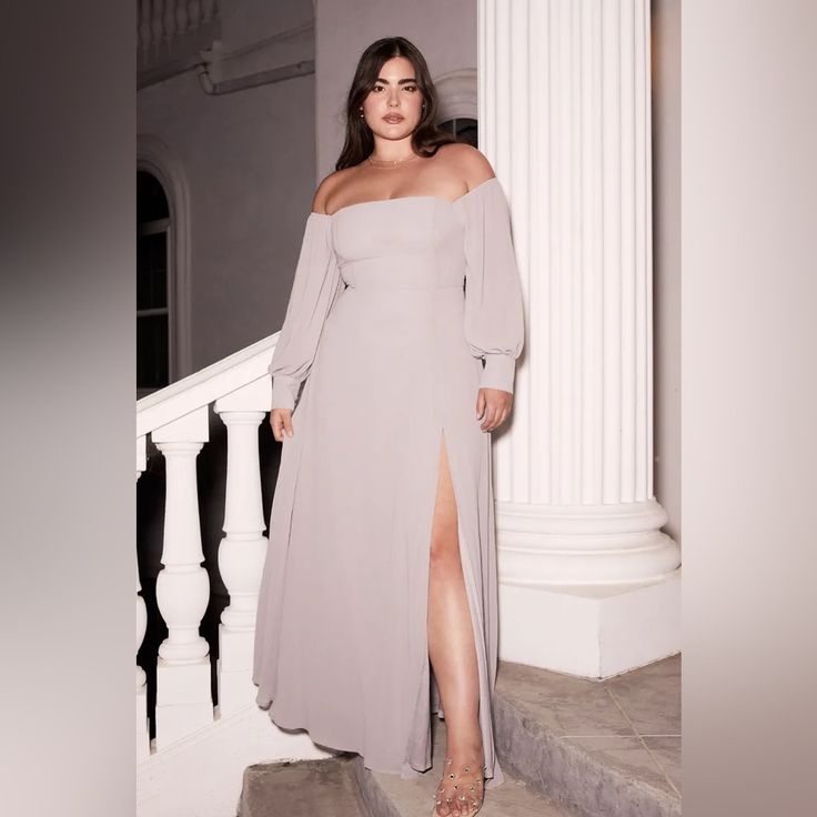 Lulus, Size Medium, Grey, Off-The-Shoulder Maxi Dress. New With Tags. Gray Formal Dress Plus Size, Gray Formal Dress Long Sleeve, Gray Long Sleeve Dress Formal, Off Shoulder Gray Dress, Plus Size Wedding Fit, Wedding Guest Outfit Fall, Long Sleeve Bridesmaid Dress, Plus Size Party Dresses, Balloon Sleeve Dress