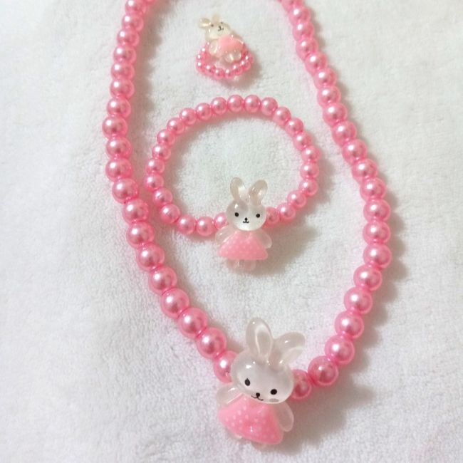 Little Girls Jewelry Set Necklace, Ring, Bracelet Adjustable Pink Kawaii Jewelry, Adjustable Pink Jewelry With Cute Design, Cute White Plastic Jewelry, Pink Plastic Necklaces As Gifts, Pink Plastic Necklace For Gift, Pink Plastic Necklace Gift, Playful Pink Jewelry For Easter, Pink Plastic Jewelry For Birthday, Cute Pink Plastic Bracelets