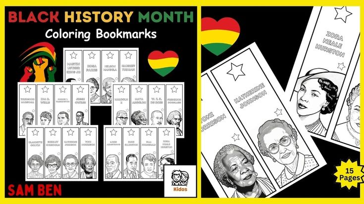 the black history month coloring bookmarks are shown with pictures and text, including an image of