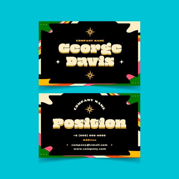 two business cards with the words george davis on them in gold foil and black, against a blue background