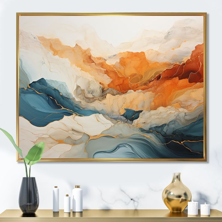 an abstract painting hangs on the wall above a console table with vases and candles