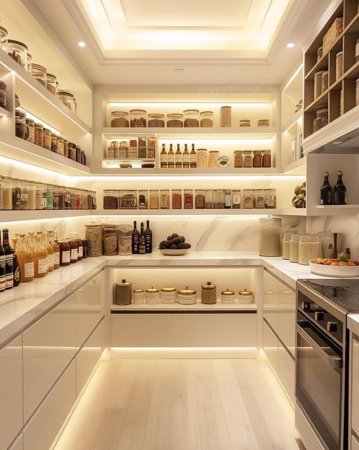 a kitchen filled with lots of white counter tops and shelves full of bottles on the wall