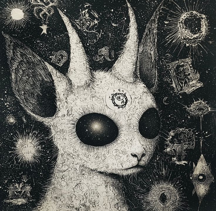 a black and white drawing of a rabbit with stars in the sky above it's head