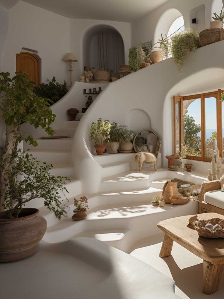 a living room filled with lots of furniture and plants on top of the stairs in front of a window