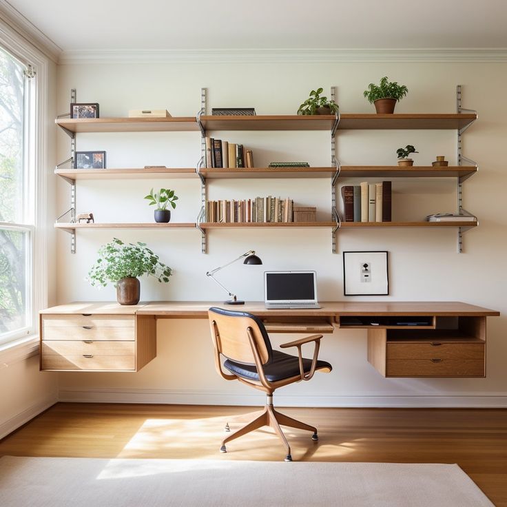 a home office with shelves, desk and chair in front of a large windowsill