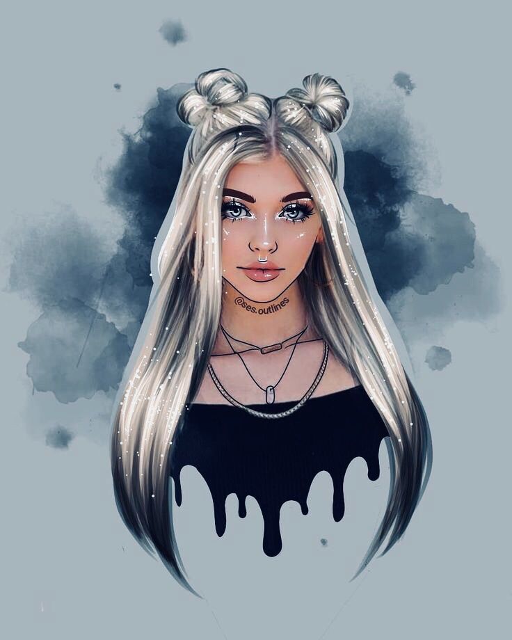 a digital painting of a girl with blonde hair and buns on her head, wearing black