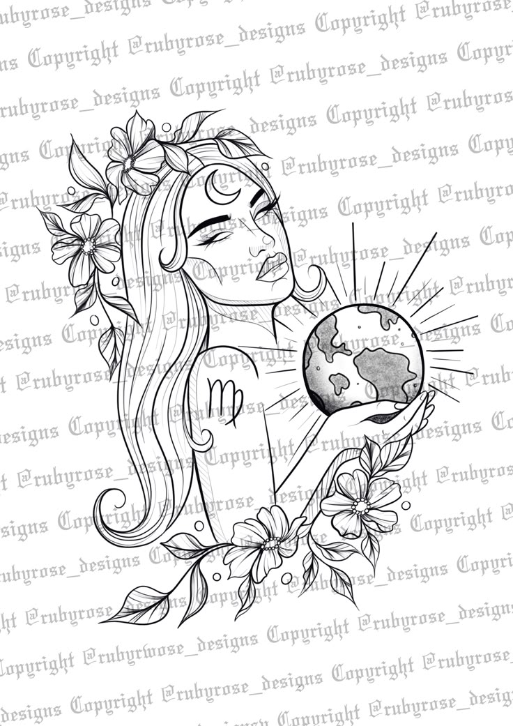 a drawing of a girl holding the earth in her hands with flowers around her neck