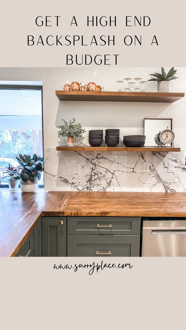 a kitchen with marble counter tops and shelves above the sink is featured in this post