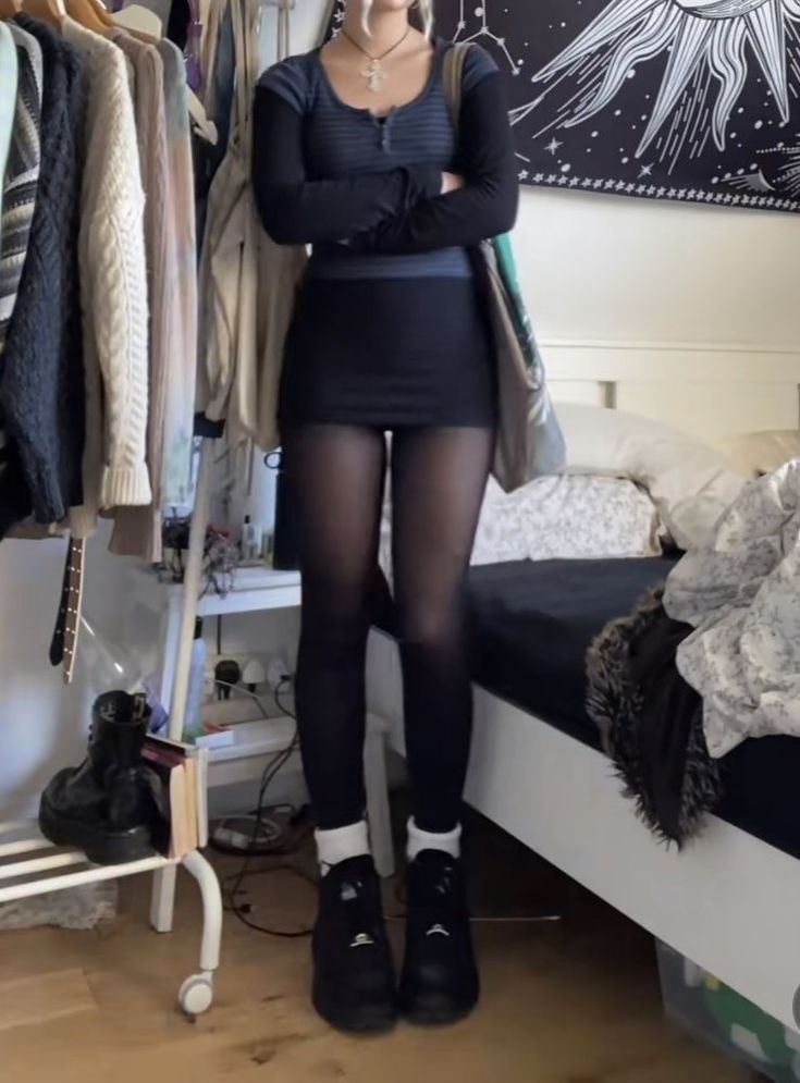 Style Tights Outfit, Grunge Sixth Form Outfits, Leggings Under Skirt Outfits, Long Sleeve Bodysuit Outfit Fall, Glam Rocker Outfit, Black Chunky Boots Outfit Summer, 6th Form Outfits Summer, Cargo Skirt With Tights, How To Style Short Black Dress