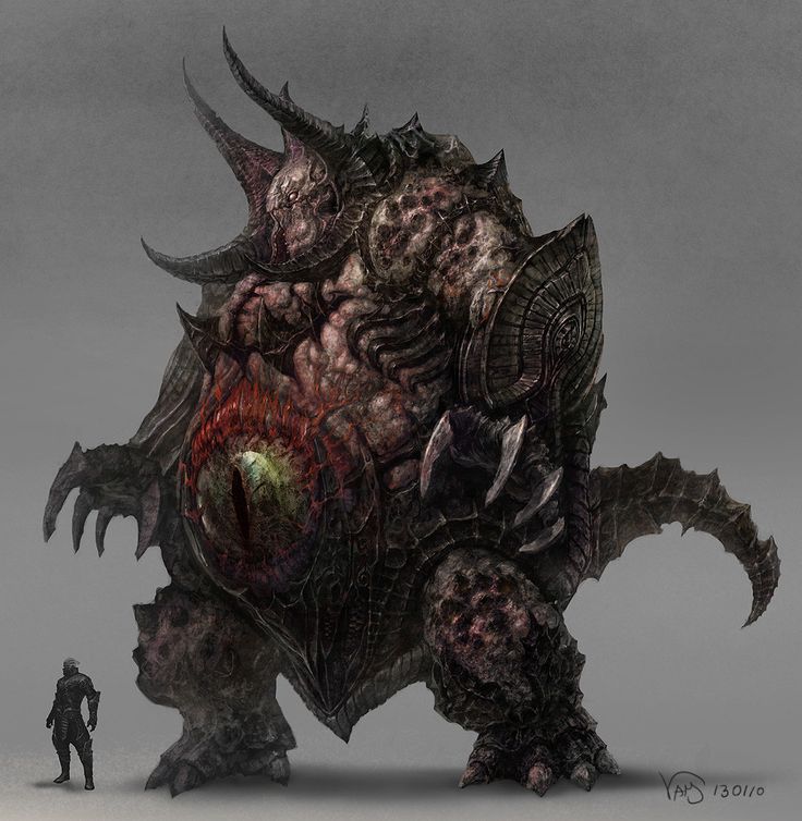 an image of a giant monster with two people standing next to it on a gray background