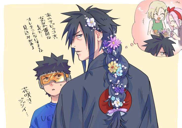 an anime character with black hair and flowers in his hair is talking to another character