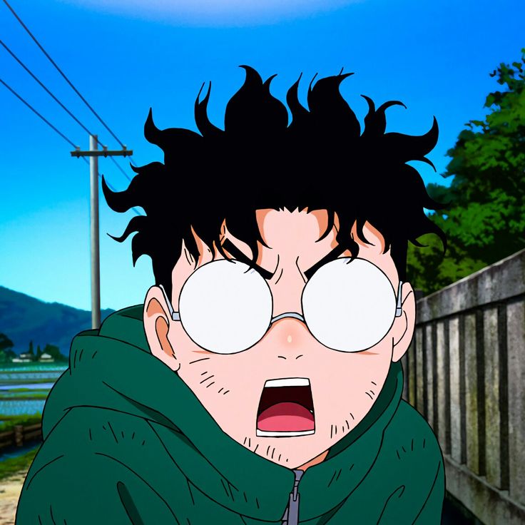 an anime character with his mouth open and eyes wide open, standing in front of a fence