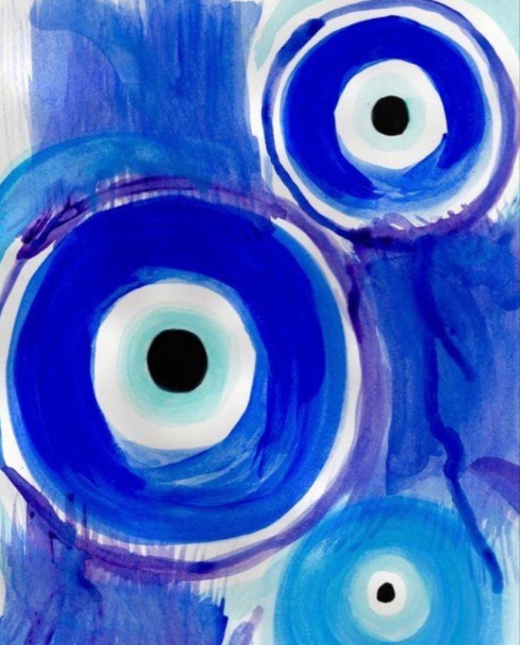 an abstract painting with blue and white circles