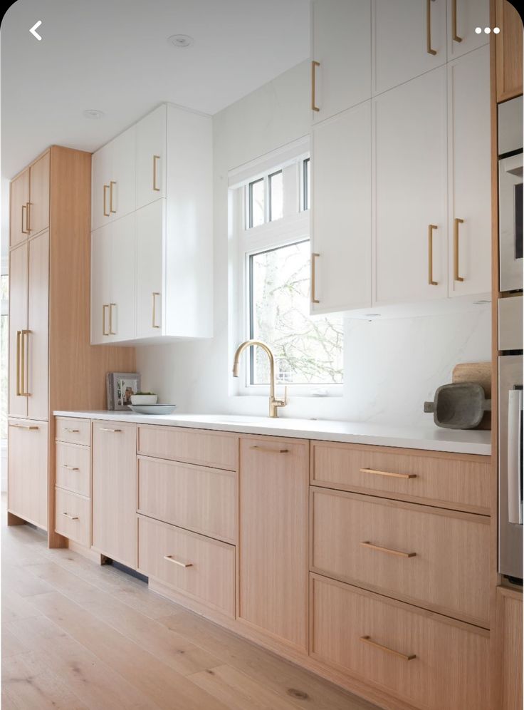 Flat White Oak Kitchen Cabinets, Long Kitchen Design Ideas, Slim Shaker Kitchen Cabinet, One Wall Kitchen With Window, Slim Shaker Cabinets Kitchen White, Wall Cabinet Design Storage Ideas, Flat Panel White Kitchen Cabinets, Slim Shaker White Kitchen, White Oak Flat Front Cabinets