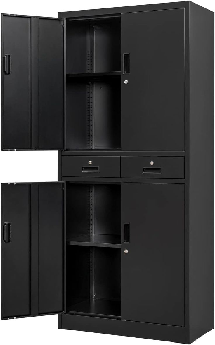 two black metal storage cabinets with doors open and shelves on each side, both closed