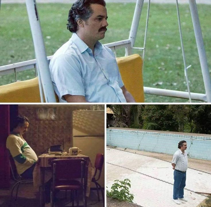 four different pictures of people sitting in chairs and one standing on the ground with his hands behind his head