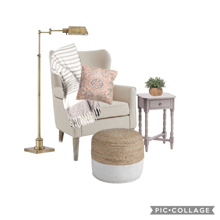 a living room with a chair, ottoman and lamp on it's side table