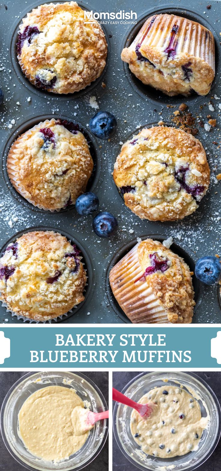 baked blueberry muffins are ready to be eaten and served in muffin tins