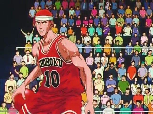 an animated image of a basketball player in the middle of a game with many people behind him