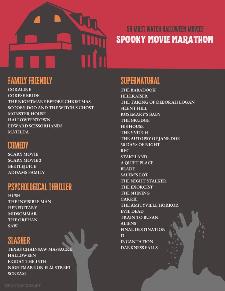 the poster for spooky movie marathon is shown in red and black with an image of