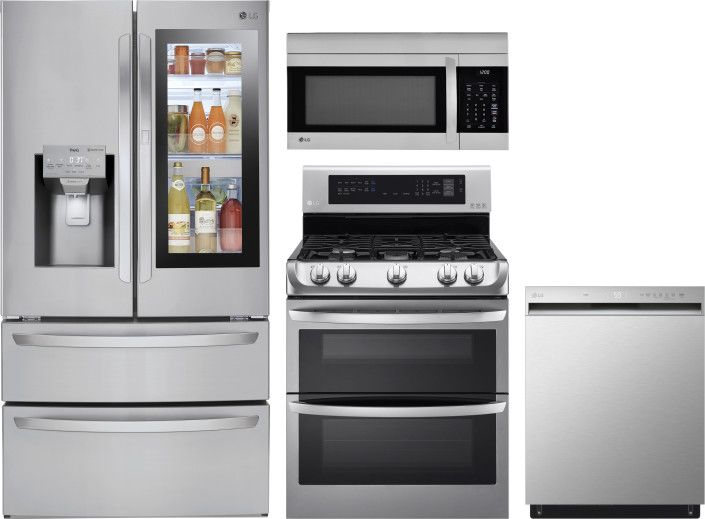 stainless steel appliances and refrigerators are shown in this set - apart photo, including an oven, stove, microwave, dishwasher, and refrigerator