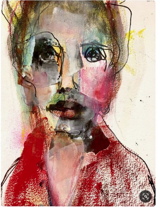 an abstract painting of a man's face with different colored hair and mustaches