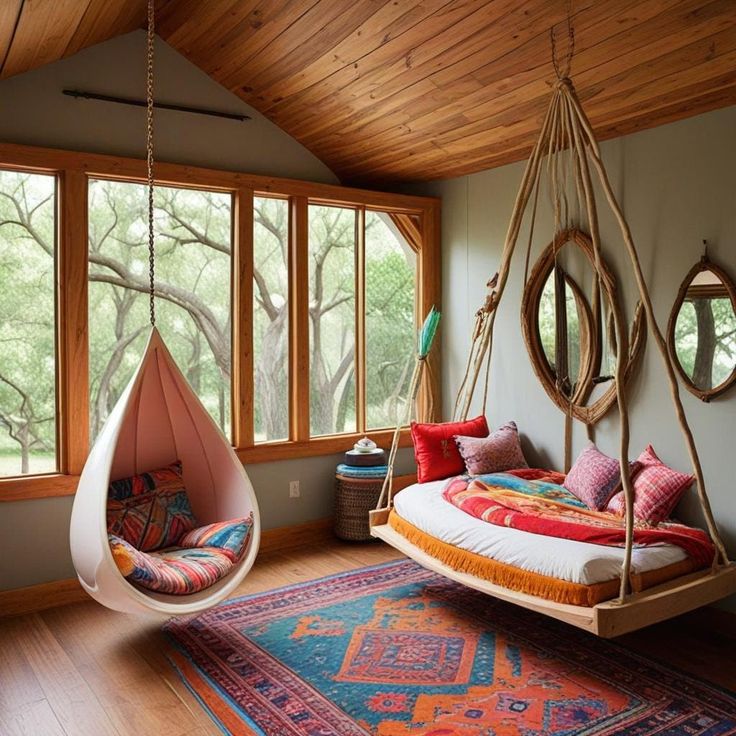 A Fort-Like Treehouse Bed: Crafted for adventure, this sturdy bed becomes a cozy haven for playtime dreams. Sturdy wooden swing Suspended from the ceiling, it invites hours of playful soaring and gentle swaying Bohemian Loft Bed, Homemade Wooden Bed Frame, Day Bed Studio, Fun Bed Frame, Adobe Home Decor, Bed Under Slanted Ceiling, Bedroom Swings, Wooden Floating Bed, Reading Hammock