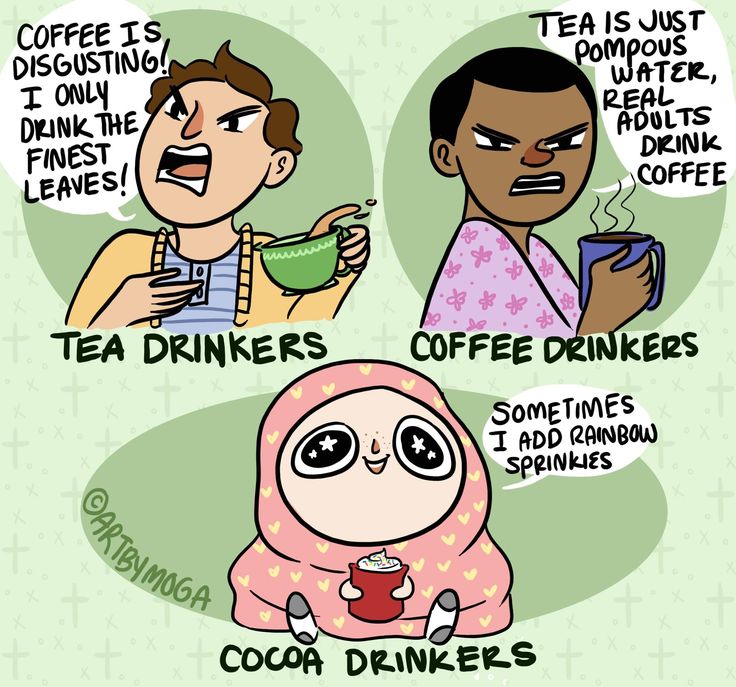 two cartoon characters drinking coffee and talking to each other, with the caption'tea drinkers'above them