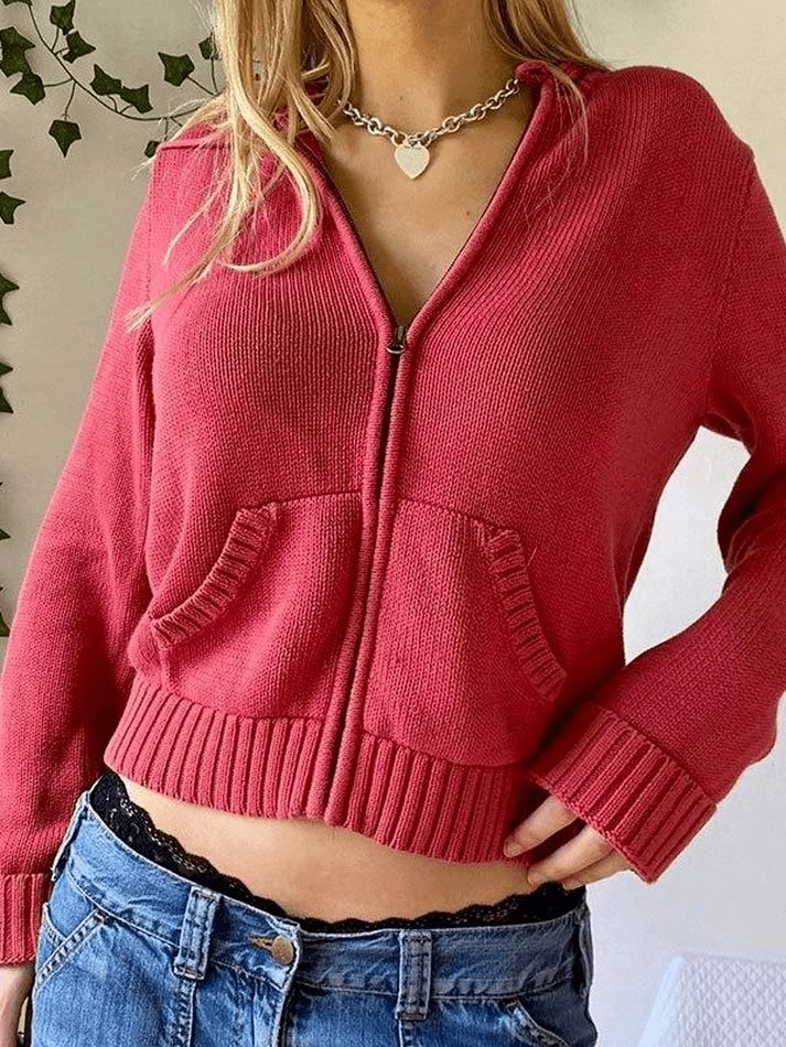 Solid Zip Up Open Front Knit Crop Cardigan Hooded Crop Knit Cardigan - AnotherChill Estilo Hipster, Korean Tops, Outfit Vintage, Y2k Sweater, Cardigan Casual, Jumpsuit Outfit, Hoodie Cardigan, Winter Hoodies, Red Sweater