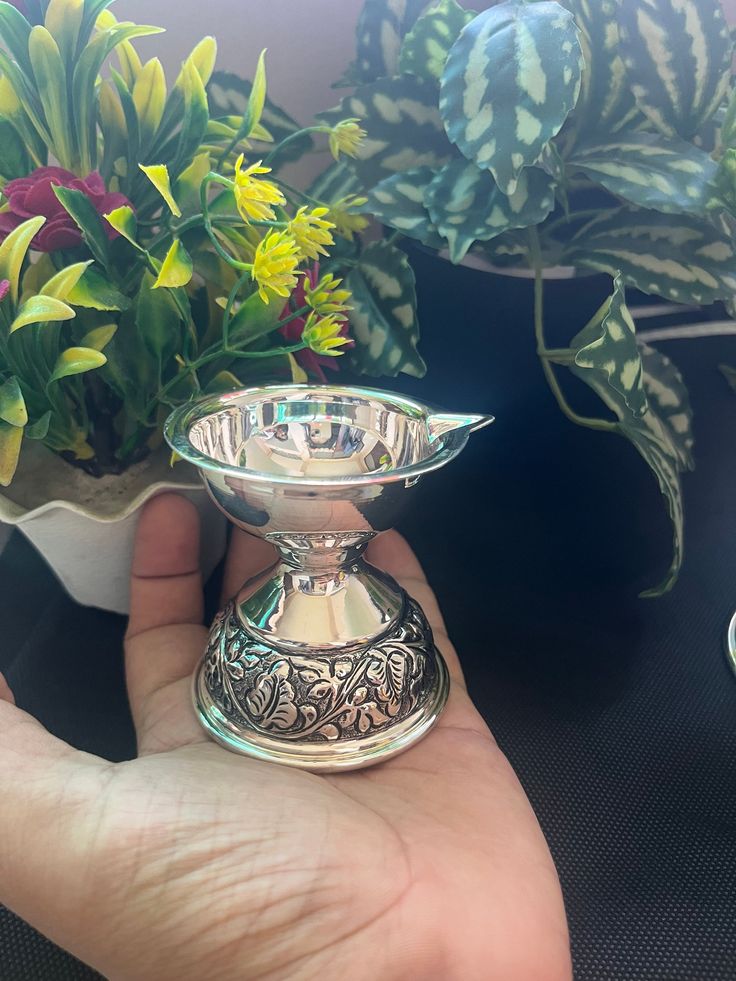 a hand holding a silver candle holder next to potted plants